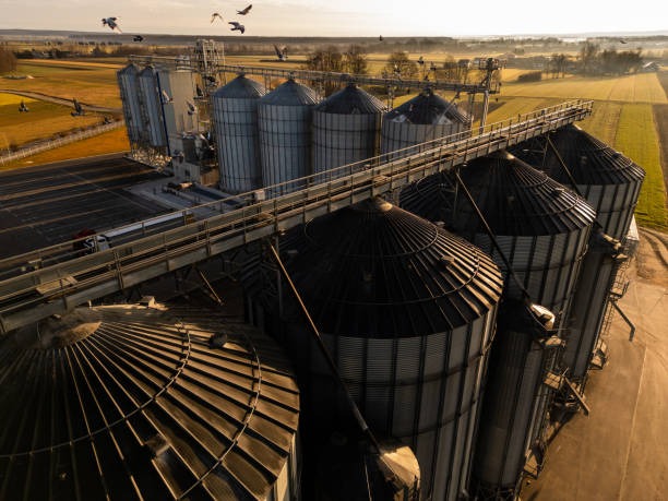Commercial grain elevator at sunset